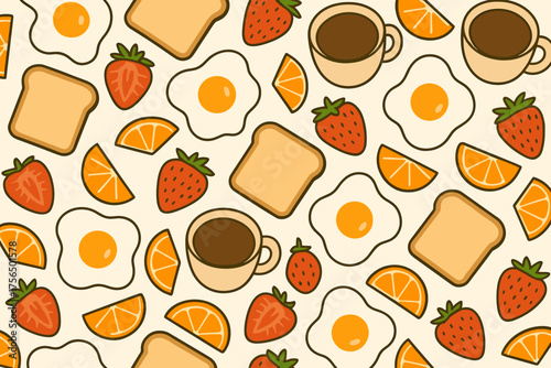 Bright and cheerful breakfast pattern featuring eggs, toast, strawberries, oranges, and coffee cups on a cream background