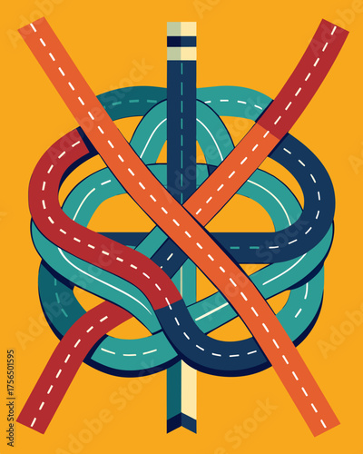A tangled highway of roads and intersections portraying the complex decisionmaking process within the brain.. Vector illustration