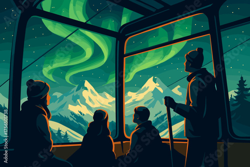 Visitors observe the northern lights through a gondola while surrounded by majestic mountains at night
