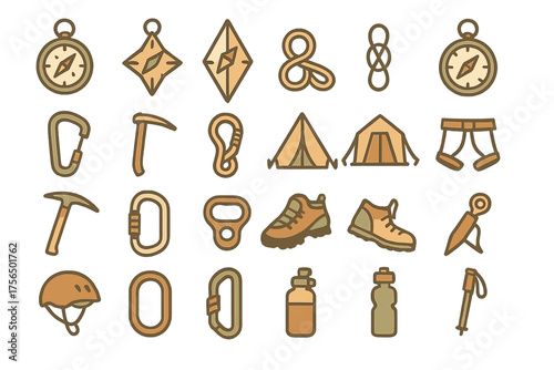 Camping and hiking gear icons in earthy tones for outdoor adventures and exploration