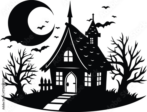 Witch Cottage By Moonlight Silhouette