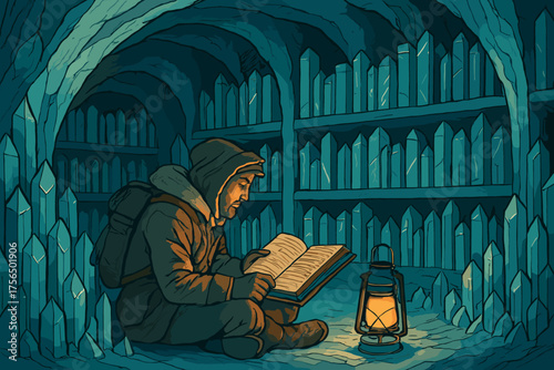 Man reading a book by lantern light in a crystal cave with shelves filled with crystals at night