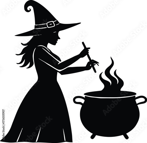 Witch Stirring Glowing Potion Silhouette