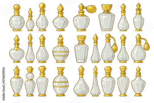 Collection of vintage perfume bottles in various shapes and sizes with elegant gold accents displayed in a creative arrangement