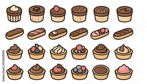 Delightful assortment of sweet pastries and desserts displayed on a white background