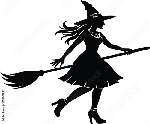 Witch Walking On Broom Handle Silhouette