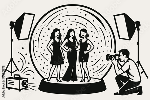 Three models posing for a photoshoot inside a creative display while a photographer captures the moment