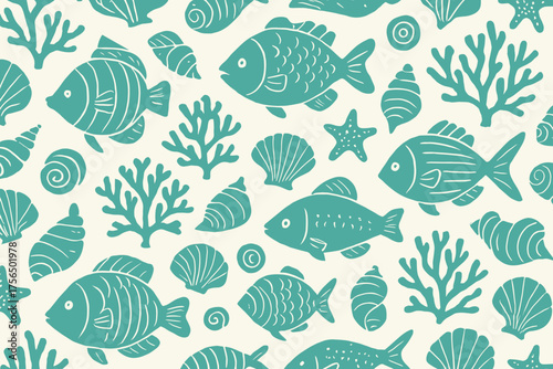 Colorful underwater scene filled with fish, corals, and shells in a creative repeating pattern