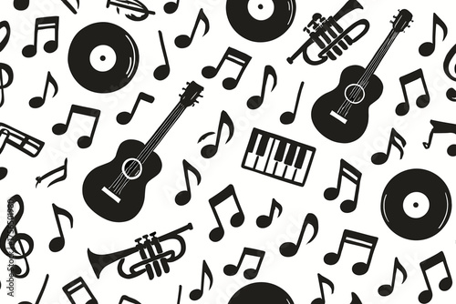 Musical elements create a vibrant pattern with guitars, trumpets, and assorted notes on a white background