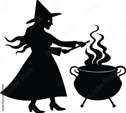 Witch With Cauldron Steam Silhouette