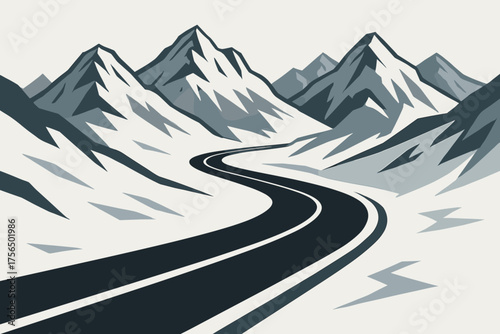 Scenic winding road through snowy mountains under a clear sky inviting travelers on a winter adventure