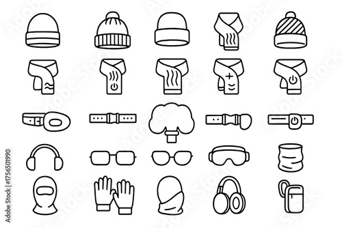 Collection of simple line drawings of winter accessories such as hats, scarves, and gloves arranged in a grid pattern