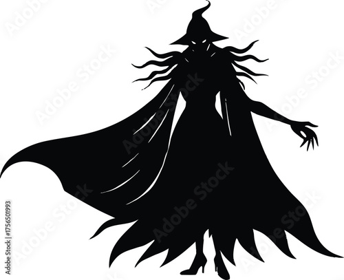 Witch With Long Flowing Cape Silhouette