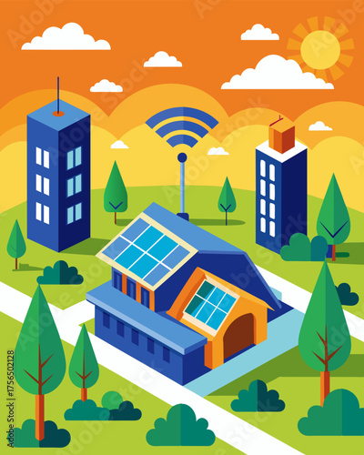 A university campus in a sunny climate utilizes solar panels to power WiFi hotspots throughout the campus providing convenient internet access for students and staff.. Vector illustration