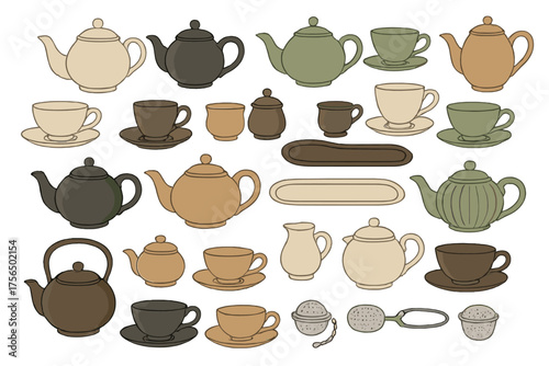 Different types of teapots and cups arranged beautifully on a clean background, showcasing diverse designs and colors
