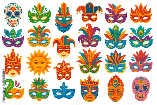 Colorful masks representing festive traditions from various cultures displayed in a lively arrangement