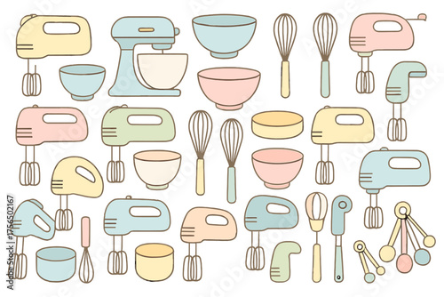 Collection of pastel kitchen utensils and mixers displayed in a cheerful arrangement for baking enthusiasts