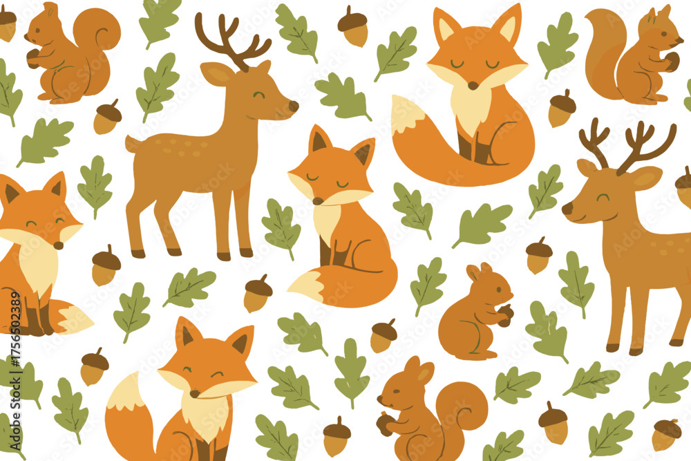 Obraz premium Cute woodland animals in playful designs with foxes, deer, and squirrels among acorns and leaves