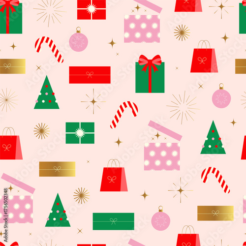 Elegant geometric christmas new year seamless pattern. Gift boxes. Christmas sale shopping