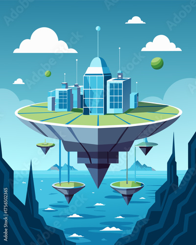 A massive futuristic floating city entirely powered by solar energy and designed to withstand harsh weather conditions floating on the surface of a choppy ocean.. Vector illustration