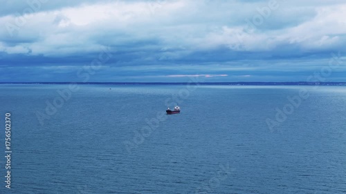 Aerial view of an oil tanker at sea during blue hour