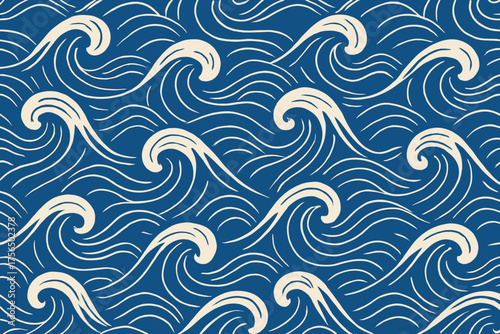 Waves gently rolling in a repeating pattern on a deep blue background, creating a soothing oceanic design