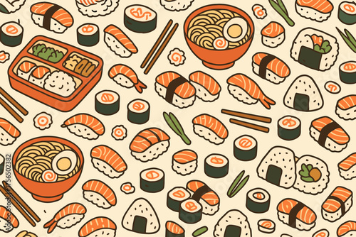 Colorful pattern of various sushi and noodle dishes arranged in a fun design on a light background