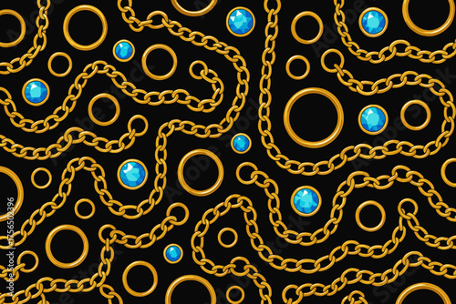 Intricate design of gold chains and blue gemstones against a black background