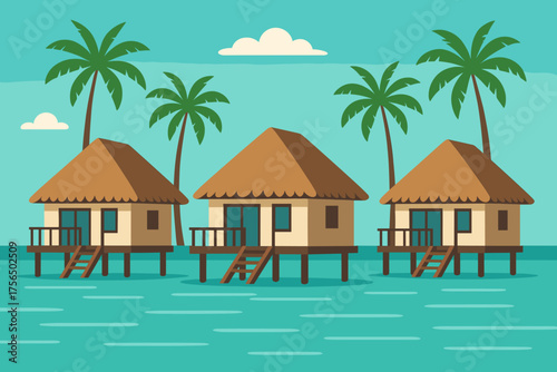 Vibrant tropical scene featuring overwater bungalows set against a clear blue sky and gentle waves of the ocean