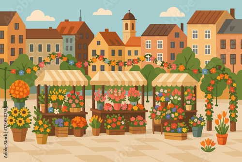 Colorful flower market in a quaint town square during a sunny day