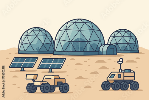 Futuristic space colony with domes, solar panels, and rovers on a barren landscape