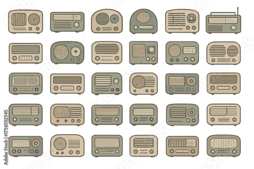 Collection of vintage radios displayed in a stylish pattern, showcasing various designs and details from different eras