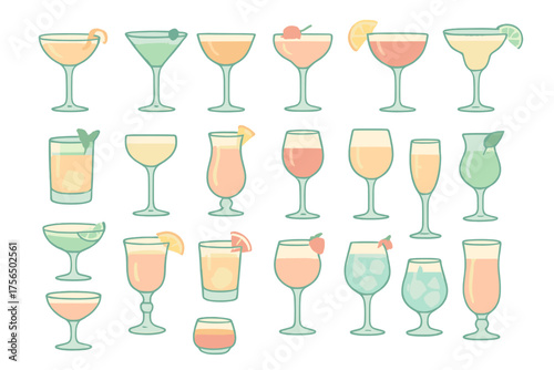 Various colorful cocktails displayed on a white background with different glass types showcasing drinks for festive occasions