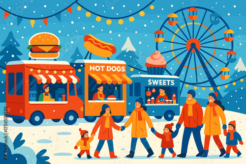 Winter festival features food trucks, families, and a ferris wheel in a snowy park setting