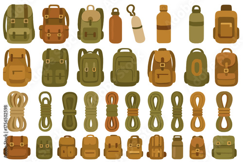 Variety of hiking backpacks, water bottles, and ropes displayed for outdoor enthusiasts and adventure seekers