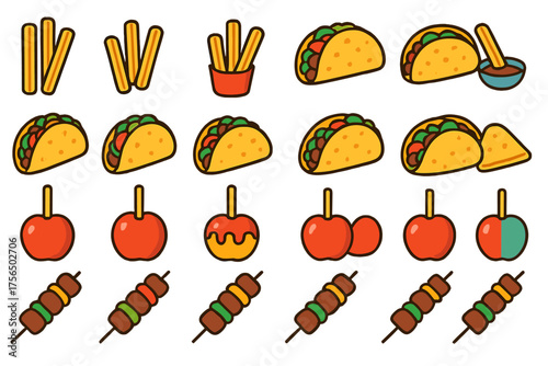 Colorful assortment of tasty snacks featuring tacos, fries, caramel apples, and skewers