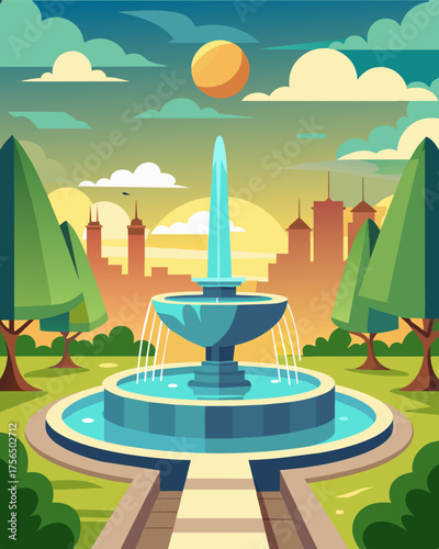 A modern water feature at the center of a bustling park powered by the suns rays and creating a serene ambiance.. Vector illustration