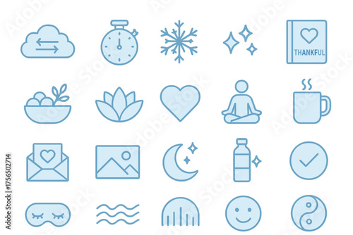 Variety of minimalist icons representing wellness, gratitude, and mindfulness activities in calming blue tones