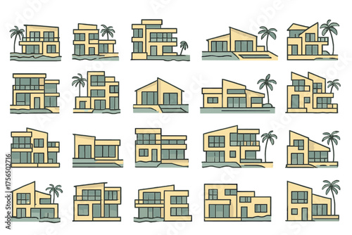 Modern architectural designs of tropical houses lined up against a warm coastal backdrop