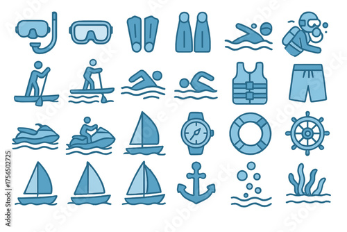 Icon collection of water sports activities and safety gear at a beach during summer