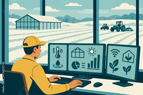 Farmer monitoring crops using technology in a modern agricultural workspace with tractors in the background