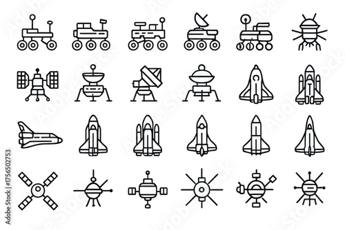 Collection of space exploration icons depicting various vehicles and equipment in a minimalist style
