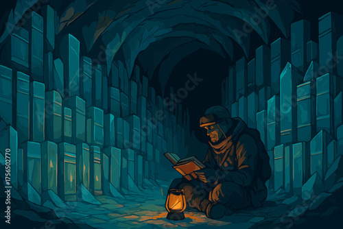 Mysterious cavern scene with a reader illuminated by lantern light in a crystal-like environment