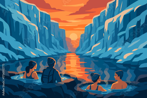 Couples relax in hot springs surrounded by icy cliffs at sunset in a tranquil natural setting