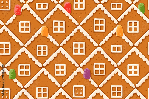 Colorful gingerbread houses create a festive pattern for holiday cheer and celebration during the winter season