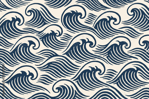 Waves pattern design featuring dark blue swirls on a light beige background, perfect for textiles or wallpaper
