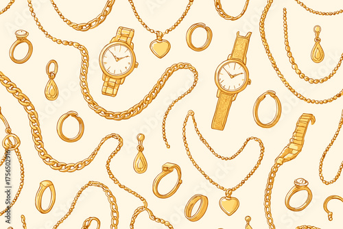 Jewelry pattern featuring watches, rings, and necklaces on a light background