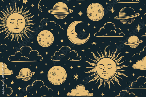Celestial pattern featuring sun, moon, planets, and clouds on a dark background