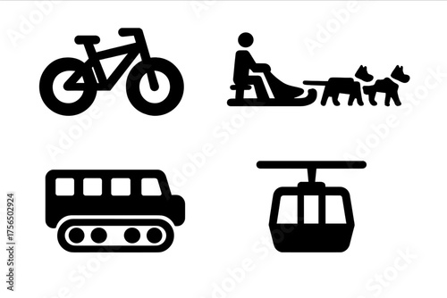 Different modes of transportation and activities showcased in simple black icons against a white background