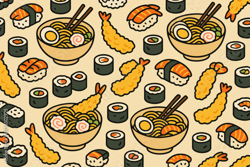 Colorful display of popular Japanese dishes featuring sushi, ramen, and tempura in a fun pattern design
